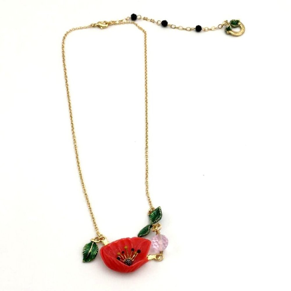 Les Nereides Orange Poppy And Leaves Necklace